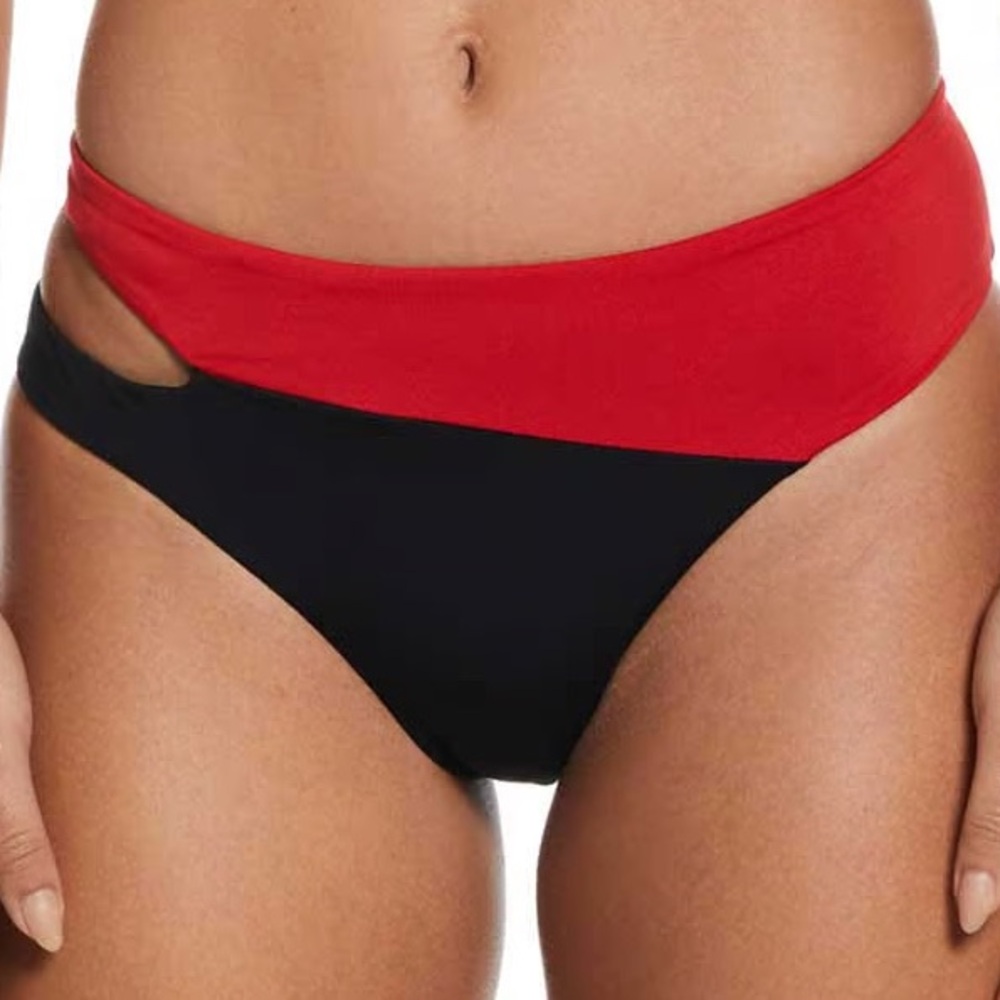 NWT Nike Women’s Swim Bikini Bottom Size L Asymmetrical Red and Black
